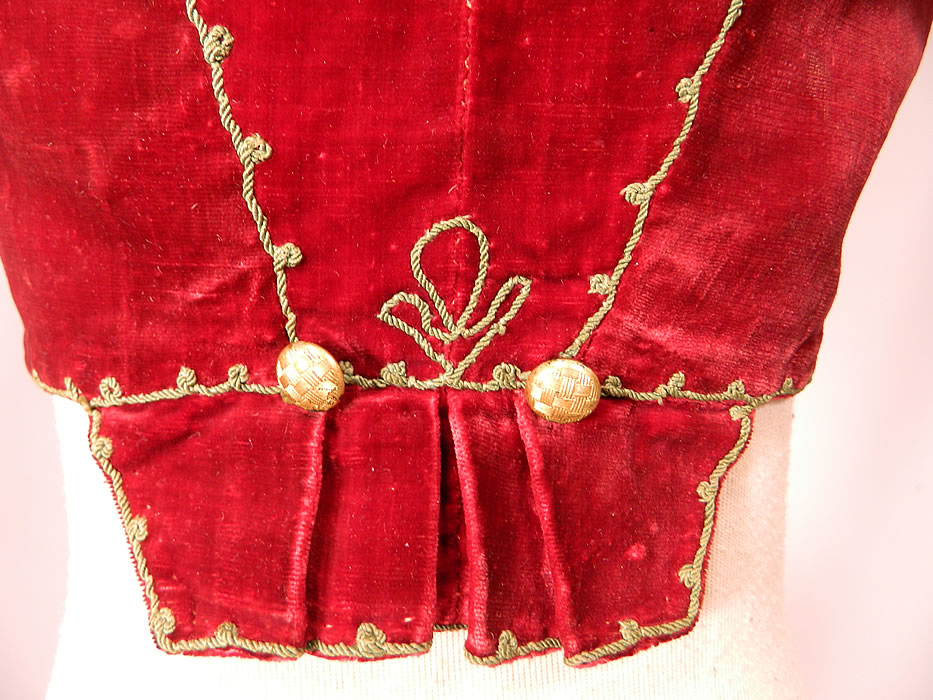 Vintage Regional Folk Costume Spanish Soutache Embroidery Red Velvet Vest
The vest measures 11 inches long, with a 24 inch waist and 28 inch chest. It has wonderful workmanship and hand done details. 