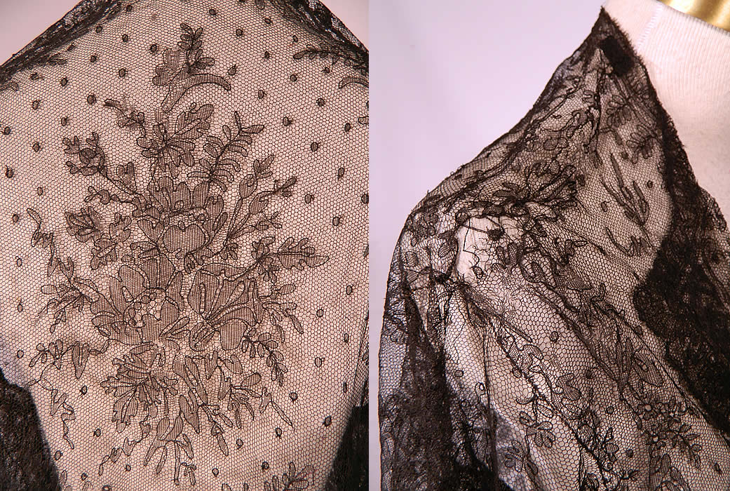 Victorian Civil War Antique Black Chantilly Lace Shawl Jacket Pagoda Sleeve
The jacket measures 22 inches long, with a 46 inch waist, 40 inch bust, 16 inch back and 21 inch long sleeves. 
It is in as-is fair fragile condition, with several small frayed holes along the shoulders, on the back sleeve seam and bottom front (see close-ups).