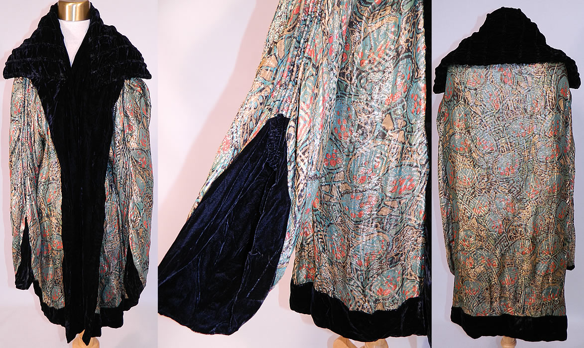 Vintage Art Deco Colorful Gold Lam&eacute; Black Velvet Cocoon Opera Coat
This vintage amazing Art Deco colorful gold lam&eacute; black velvet cocoon opera coat dates from the 1920s. It is made of an Art Deco abstract colorful overlapping scale pattern design gold metallic lam&eacute; silk fabric, with black silk velvet fabric trim and lining. 