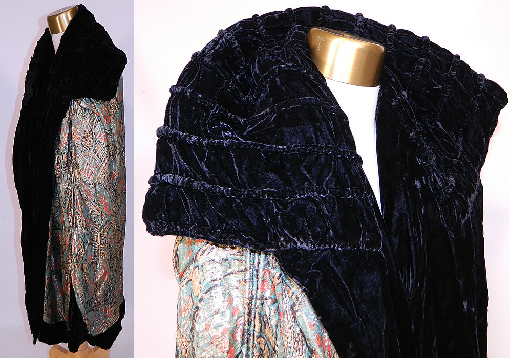 Vintage Art Deco Colorful Gold Lam&eacute; Black Velvet Cocoon Opera Coat
This exquisite evening opera cocoon wrap coat is loose fitting with a long length, full boxy reversible style, a large quilted ruched gathered black velvet shawl collar, long full dolman sleeves with wide oversized cuffs and an open front with no closure. 