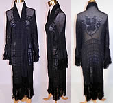 Vintage Black Silk Knit Crochet Lace Fringe Shawl Long Coat Boho Sweater Jacket