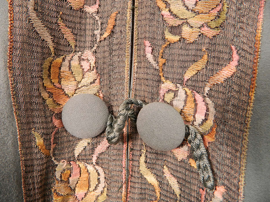 Vintage Liberty & Co. London Paris Label Teal Blue Wool Embroidered Cloak Cape
The cape measures 55 inches long and has a 185 inch bottom circumference. It is in good condition, with only a moth hole on the center back and a tiny frayed pull on the trim front neckline (see close-up). This is truly an exceptional and rare piece of wearable Aestheticism textile art! 