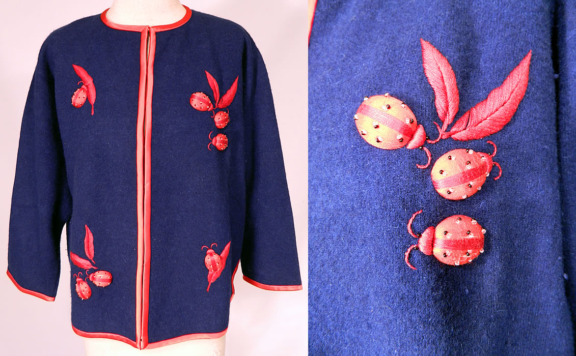 Vintage Dolly Hong Kong Label Blue & Red Embroidered Beaded Ladybug Sweater
This vintage Dolly Hong Kong label blue and red embroidered beaded ladybug sweater dates from the 1950s. It is made of a navy blue lambswool, angora rabbit hair knit fabric, with red satin trim edging and red raised embroidered ladybugs with beading.