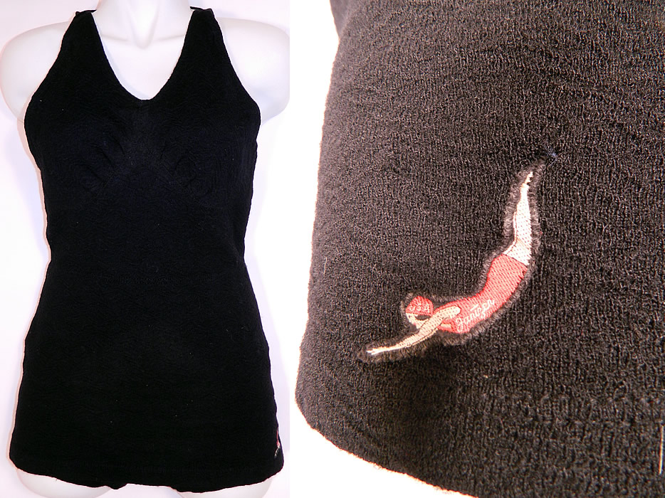 Vintage Jantzen Women's Black Wool Knit Onepiece Swimsuit Size 38
This vintage Jantzen women's black wool knit one piece swimsuit dates from the 1930s. It is made of a black wool knit textured wave fabric, with the Jantzen trademark diving girl logo on the leg.