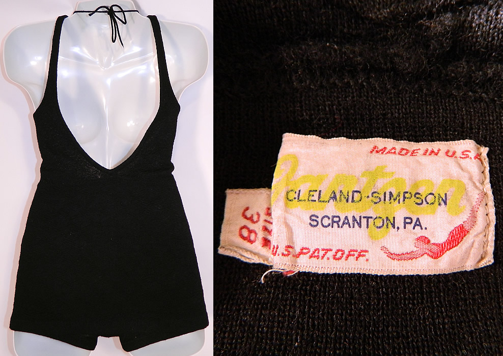 Vintage Jantzen Women's Black Wool Knit Onepiece Swimsuit Size 38
There is a "Jantzen Cleland-Simpson Scranton, PA. Made in U.S.A." label and size 38 tag sewn inside. 