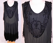 Vintage Art Deco Black Silk Jet Beaded Fringed Flapper Drop Waist Dress
