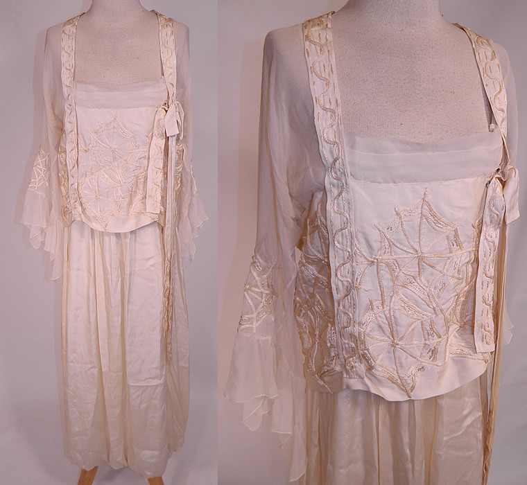 Edwardian Cream Silk Spider Cob Web Soutache Embroidered Gown Dress
This exquisite Edwardian era cream silk spider cob web soutache embroidered gown dress dates from 1915. It is made of an off white cream color fine silk fabric, with raised soutache embroidery work done in spider web, cobweb designs on the bodice top and sleeves.
