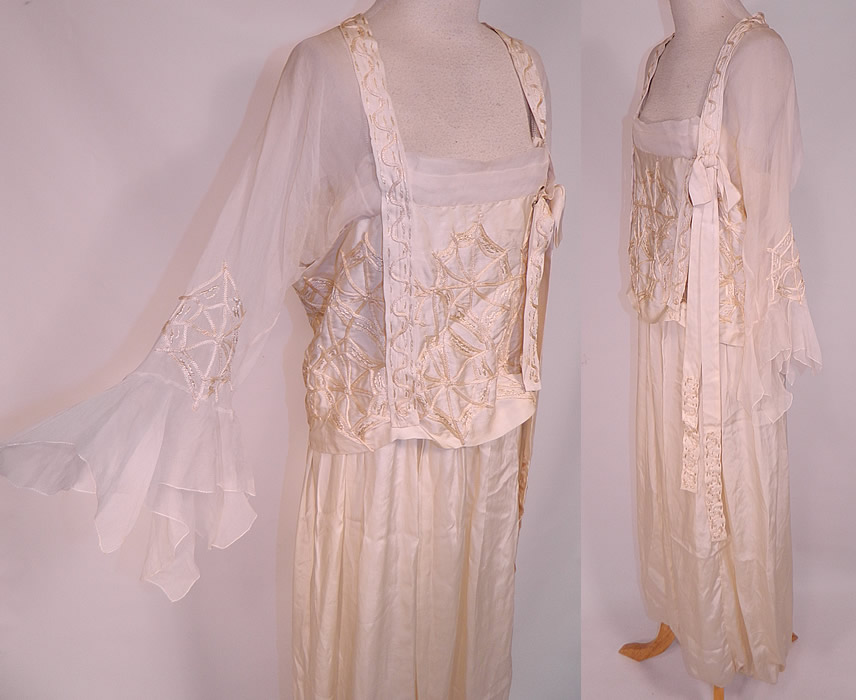Edwardian Cream Silk Spider Cob Web Soutache Embroidered Gown Dress
This gorgeous gown has a layered style overblouse top, with a sheer chiffon squared neckline, long sheer sleeves with flared ruffle cuffs, a ribbon bow tie sash hanging down the side top, long floor length rolled bubble skirt hem, side hook closures and is fully lined.