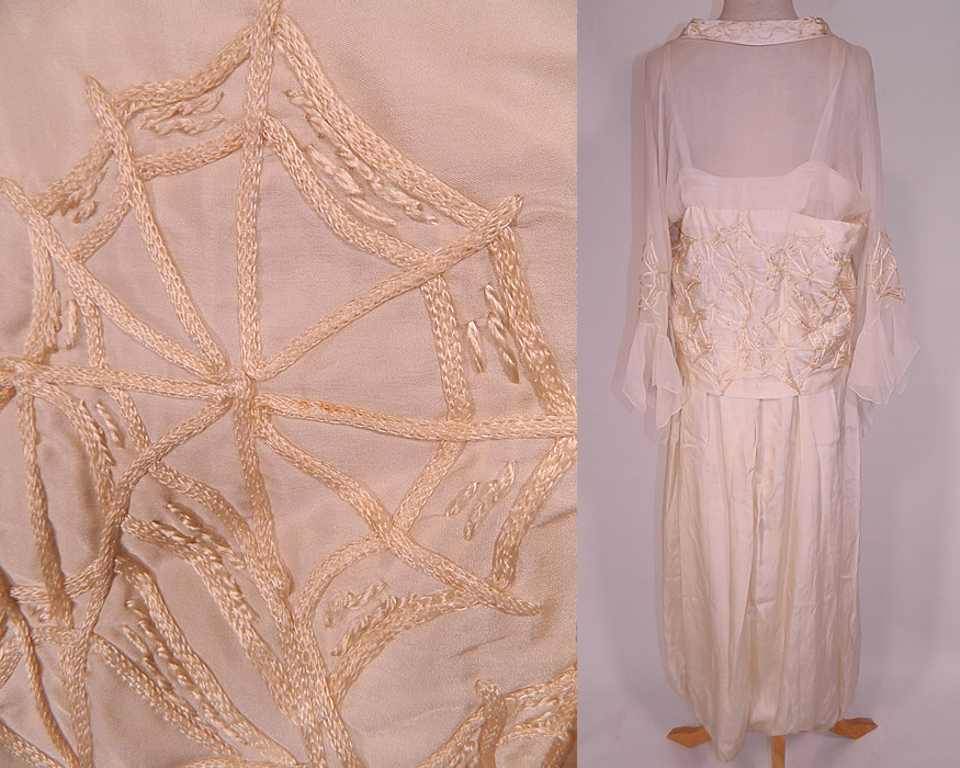Edwardian Cream Silk Spider Cob Web Soutache Embroidered Gown Dress
It is in good condition, with only some slight faint discoloration under the arms on the inside slip lining. This is a truly a rare and amazing piece of wearable textile art! 