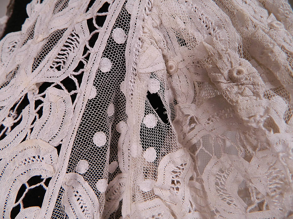 Vintage Edwardian Antique White Polka Dot Net Battenburg Crochet Tape Lace Blouse Jacket
It is in good condition, with only a break in the connecting bride on the shoulder and a small fray on the net sleeve (see close-up). This is truly an amazing, exceptional, quality made piece of wearable antique lace art! 