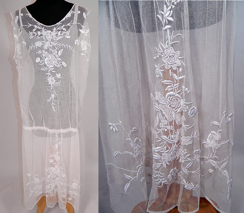 Vintage White Tulle Net Embroidered French Knot Lace Drop Waist Dress
This vintage white tulle net embroidered French knot lace drop waist dress dates from the 1920s.