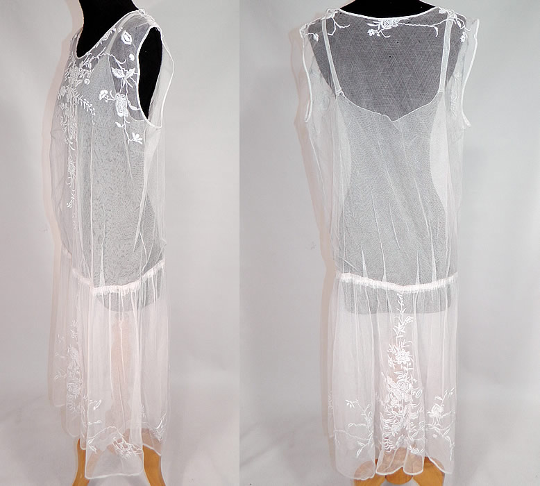 Vintage White Tulle Net Embroidered French Knot Lace Drop Waist Dress
The dress measures 41 inches long, with 40 inch hips, a 40 inch waist and 36 inch bust.