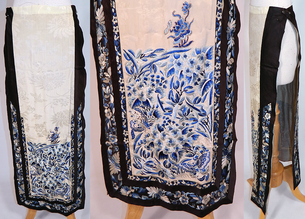 Antique Chinese Cream Yellow Silk Blue Embroidered Butterfly Han Wedding Skirt
This antique Chinese cream yellow silk blue embroidered butterfly Han wedding skirt dates from the mid 19th century during the Qing Dynasty. It is made of a pastel yellow cream color silk damask brocade pattern fabric, with varying shades of blue raised padded satin stitch hand embroidery work designs of butterflies and flowers, with forbidden stitch Peking knot accents.