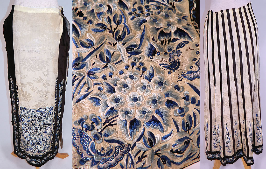 Antique Chinese Cream Yellow Silk Blue Embroidered Butterfly Han Wedding Skirt
The butterfly is a symbol of love and affection. This Chinese Han wrap around style wedding skirt has been cut and taken apart into three pieces, with two matching embroidered apron panels with the butterflies on the bottom and a larger panel with the black trim, pleated sides.