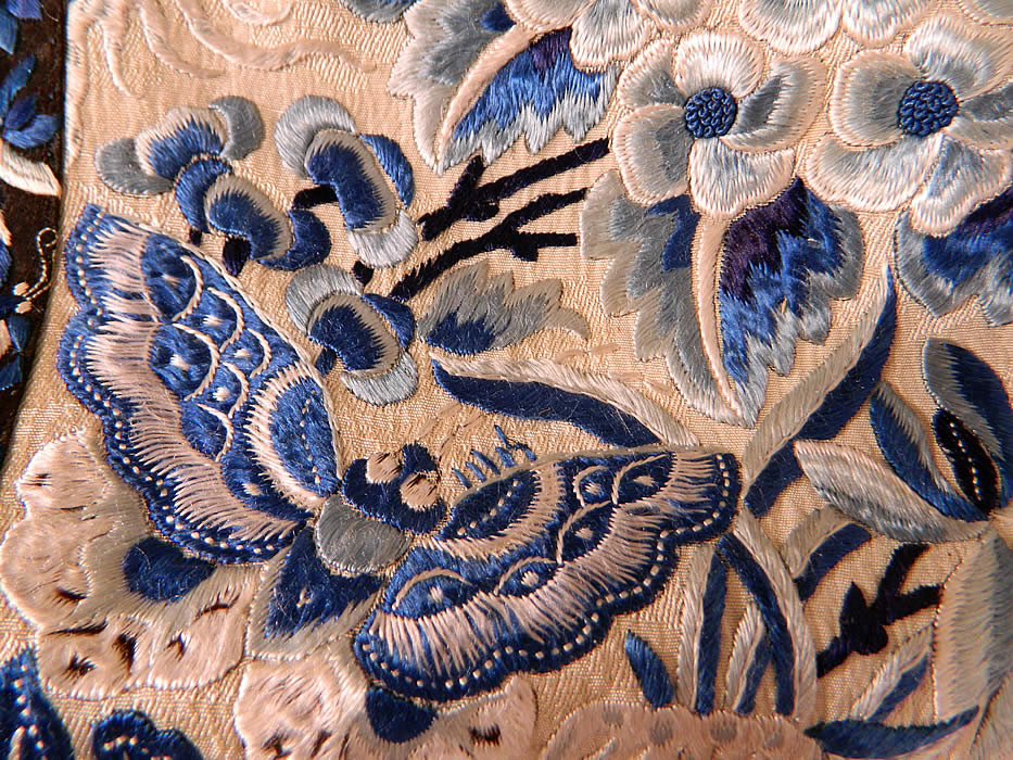 Antique Chinese Cream Yellow Silk Blue Embroidered Butterfly Han Wedding Skirt
The two matching embroidered panels each measure 34 inches long, 14 1/2 inches wide and the single black trim pleated panel measures 35 inches long, 24 inches wide. 