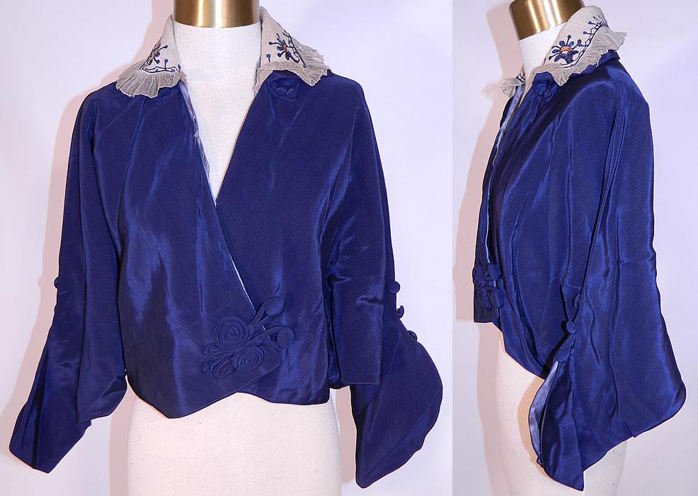 Titanic Era Edwardian Blue Silk Dolman Sleeve Short Crop Coat Bolero Jacket
This antique Edwardian Titanic era blue silk dolman sleeve short crop coat bolero jacket dates from 1912
