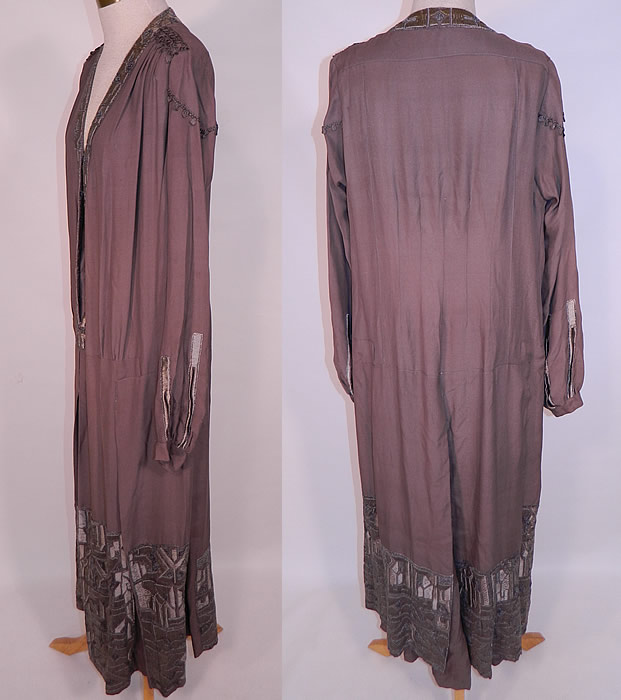 Vintage Art Deco Gray Silk Embroidered Silver Beaded Flapper Drop Waist Dress
The dress is a large size measuring 56 inches long, with 42 inch hips, a 40 inch waist, 38 inch bust and 24 inch long sleeves. 