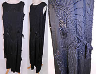 Vintage Art Deco Black Silk Jet Beaded Flapper Drop Waist Side Tie Dress Evening Gown