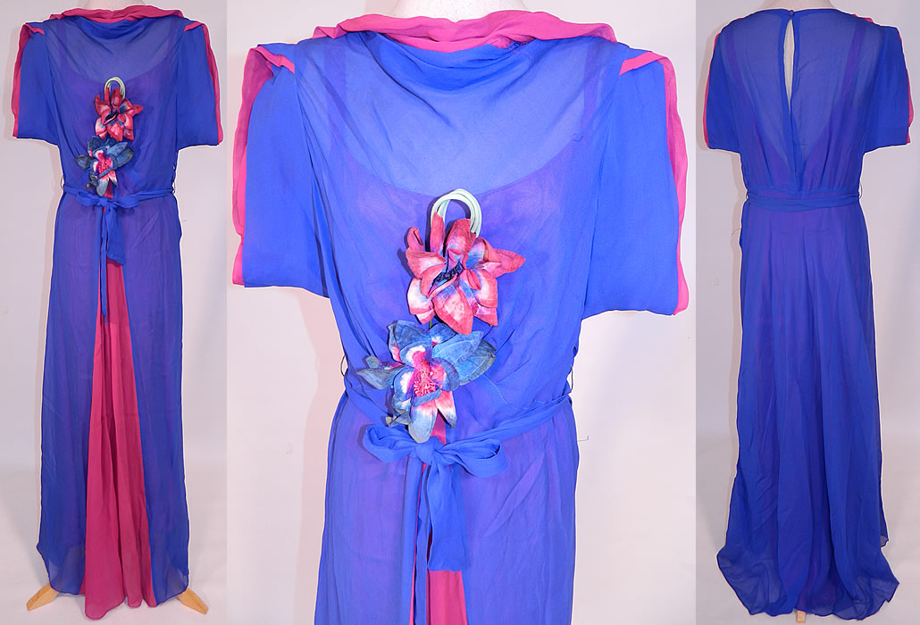 Vintage Blue Fuchsia Silk Chiffon Grecian Goddess Gown Belted Bias Cut Dress
This vintage blue fuchsia silk chiffon Grecian goddess gown belted bias cut dress dates from the 1930s. It is made of a bright royal blue and fuchsia pink color sheer silk chiffon fabric and matching ombre dyed velvet flower trim on the front top.