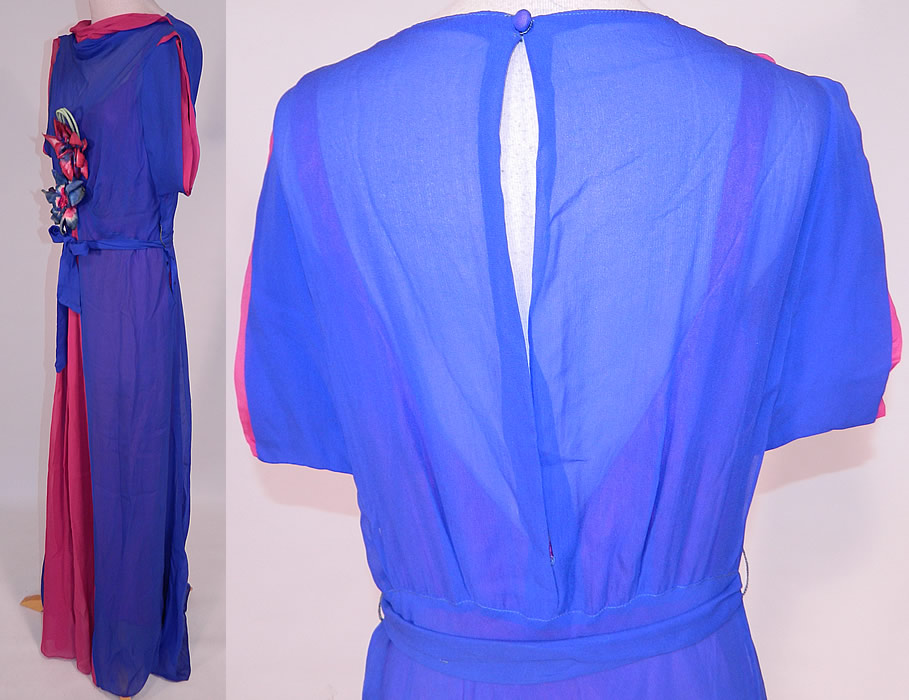 Vintage Blue Fuchsia Silk Chiffon Grecian Goddess Gown Belted Bias Cut Dress
The dress measures 58 inches long, with 36 inch hips, a 30 inch waist and 36 inch bust. It is in excellent condition. This is truly a wonderful piece of wearable art! 