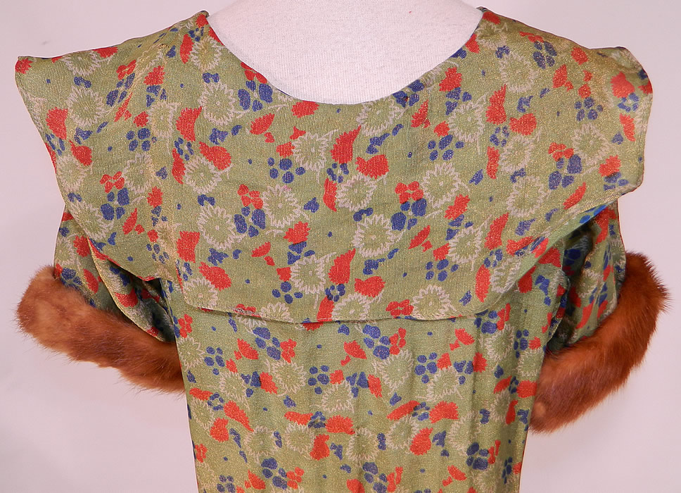 Vintage Green Gold Lam&eacute; Lame Floral Print Bias Cut Gown Shawl Collar Fur Trim Cuffs
The dress measures 58 inches long, with 34 inch hips, a 30 inch waist and 36 inch bust. 