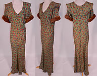 Vintage Green Gold Lam&eacute; Lame Floral Print Bias Cut Gown Shawl Collar Fur Trim Cuffs