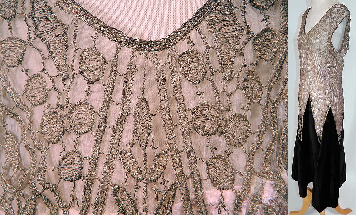 Vintage Silver Lamé Lame Lace Black Velvet Drop Waist Flapper Dress
The dress measures 42 inches long, with 38 inch hips, a 34 inch waist and 34 inch bust. It is in good condition, with only a small fray on the shoulder and some slight tarnish discoloration under the arms. This is truly a wonderful piece of wearable art!