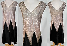 Vintage Silver Lam&eacute; Lame Lace Black Velvet Drop Waist Flapper Dress
