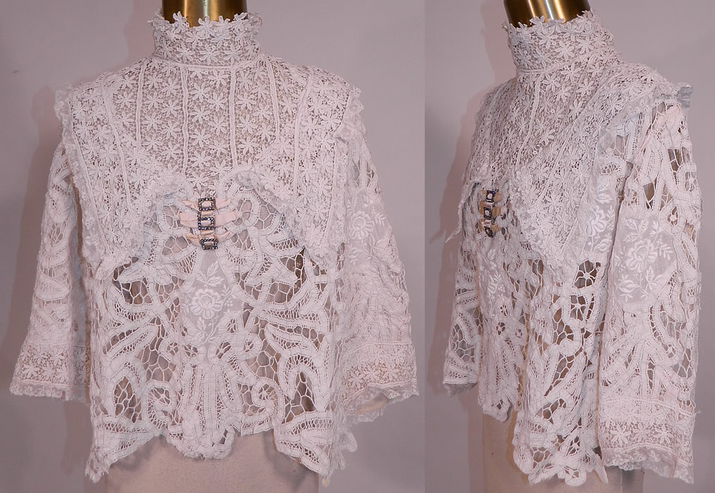 Edwardian White Battenburg Tape Lace Embroidered Applique Blouse Shirt Top
This antique Edwardian era white battenburg tape lace embroidered appliqué blouse shirt top dates from 1910.