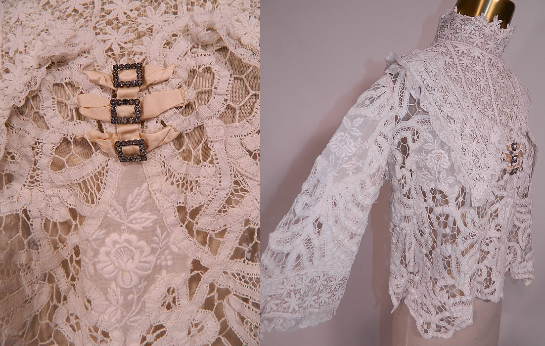 Edwardian White Battenburg Tape Lace Embroidered Applique Blouse Shirt Top
It is made of a sheer white battenburg tape lace with connecting brides and bars, a daisy flower lace trim yoke collar and cuffs and white batiste raised padded satin stitch embroidered floral appliqué inserts.