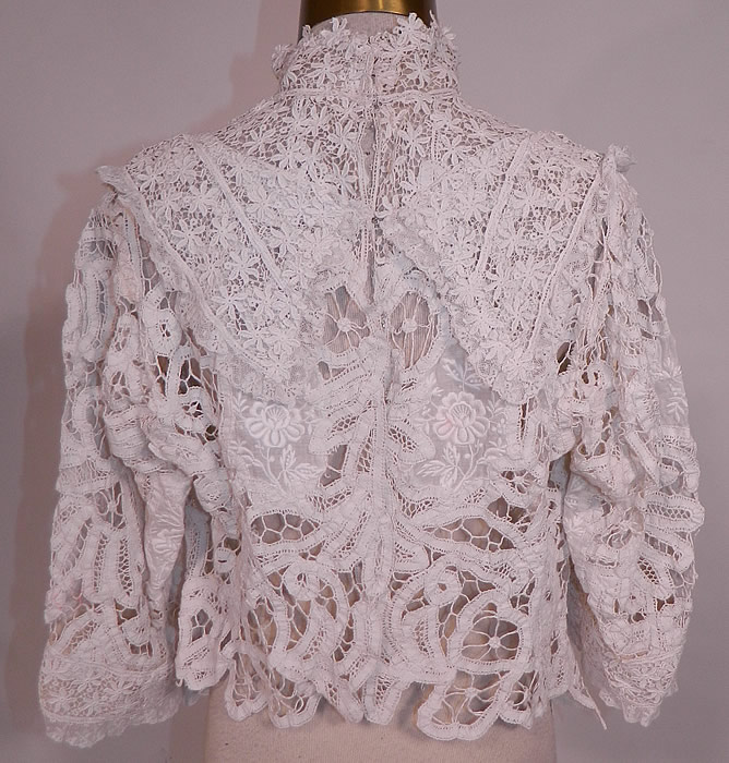 Edwardian White Battenburg Tape Lace Embroidered Applique Blouse Shirt Top
The top measures 18 inches long, with a 34 inch waist, 36 inch bust, 14 inch back and 15 inch long sleeves. . It is in excellent condition. This is truly a wonderful piece of antique textile lace wearable art!  