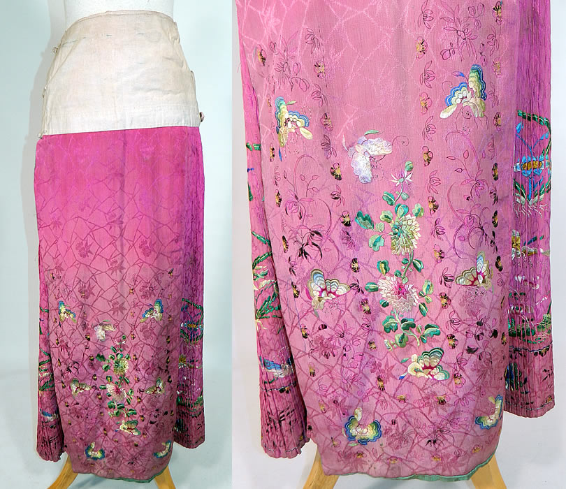 Antique Chinese Fuchsia Purple Silk Embroidered Butterfly Han Wedding Skirt
This antique Chinese fuchsia purple silk embroidered butterfly Han wedding skirt dates from the late 19th century during the Qing Dynasty. The skirt measures 38 inches long, with a 49 inch wide waistband.