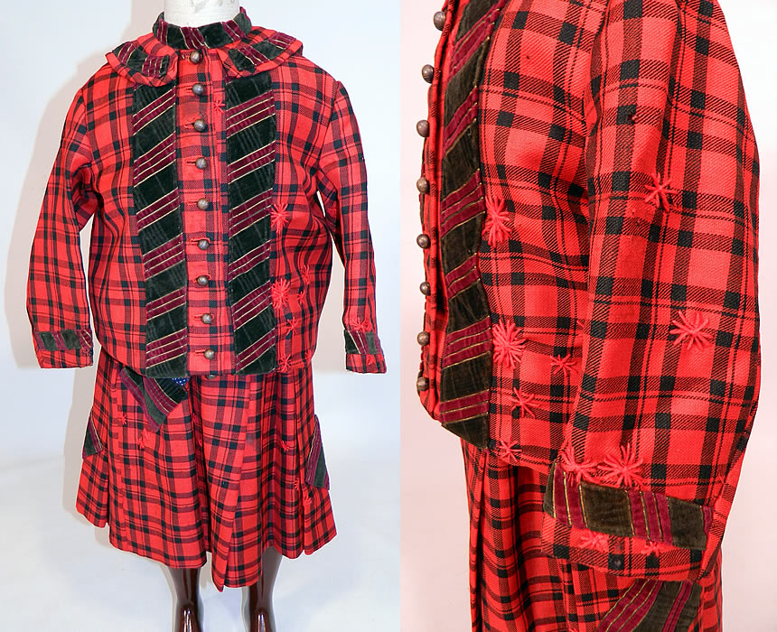 Victorian Childs Black & Red Tartan Plaid Wool Embroidered Patchwork 2 Piece Dress
This antique Victorian era child's black and red tartan plaid wool embroidered patchwork 2 piece dress dates from 1880. It is made of a black and red tartan plaid wool fabric, with decorative red embroidered sunburst stitching and striped velvet fabric trim edging and cut squares patchwork accents.
