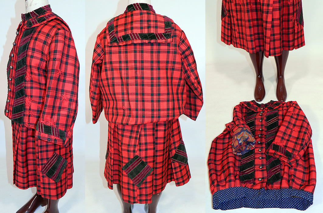 Victorian Childs Black & Red Tartan Plaid Wool Embroidered Patchwork 2 Piece Dress
The dress measures 23 inches long, with a 22 inch waist and 22 inch chest. There is a matching fabric bodice jacket top, with high neck band sailor back collar, long sleeves, carved round brass button closures down the front, a blue and white polka dot cotton calico fabric waistband and is fully lined.