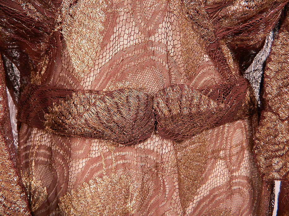 Vintage Gold Lame Brown Lace Flower Bias Cut Dress Jacket Evening Gown Lam&eacute;
The dress measures 62 inches long, with 38 inch hips, a 28 inch waist and 38 inch bust. 