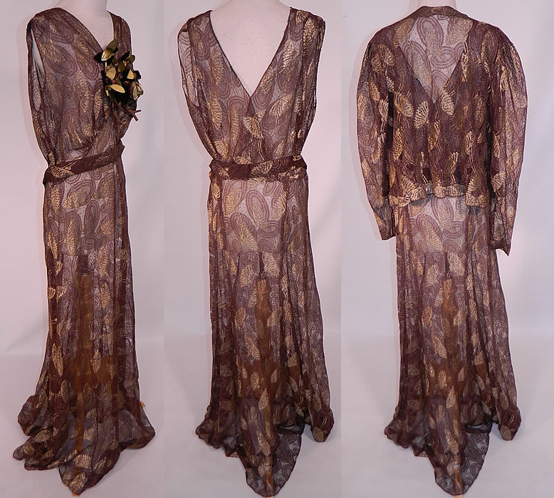 Vintage Gold Lame Brown Lace Flower Bias Cut Dress Jacket Evening Gown Lam&eacute;
There is a matching fabric jacket top, with an open front, no closure, long full sleeves and is sheer, unlined. The jacket measures 20 inches long, with a 38 inch waist, 36 inch bust and 24 inch long sleeves. It is in excellent condition. This is truly a rare and wonderful piece of quality made Hollywood glam wearable art!