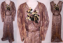 Vintage Gold Lame Brown Lace Flower Bias Cut Dress Jacket Evening Gown Lam&eacute;