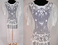 Vintage White Tambour Embroidery Lace Sheer Silk Tulle Net Drop Waist Dress
