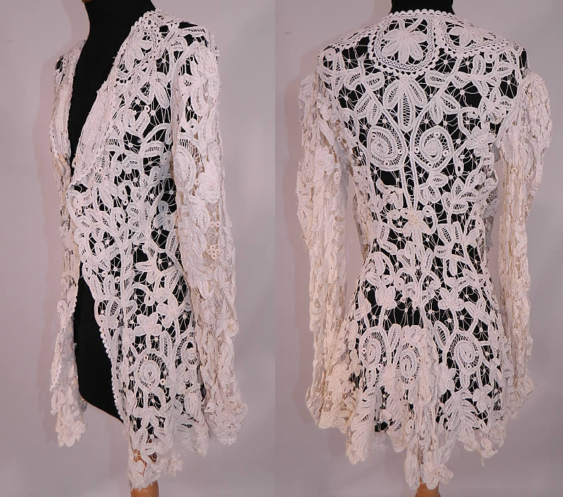 Vintage Edwardian Antique Cream Battenburg Crochet Tape Lace Tail Coat Jacket
This lovely lace tail coat jacket is a long mid length, with a cutaway front, tailored back, long tapered sleeves, scalloped edge trim, with a large crochet button closure and is sheer because it is unlined.