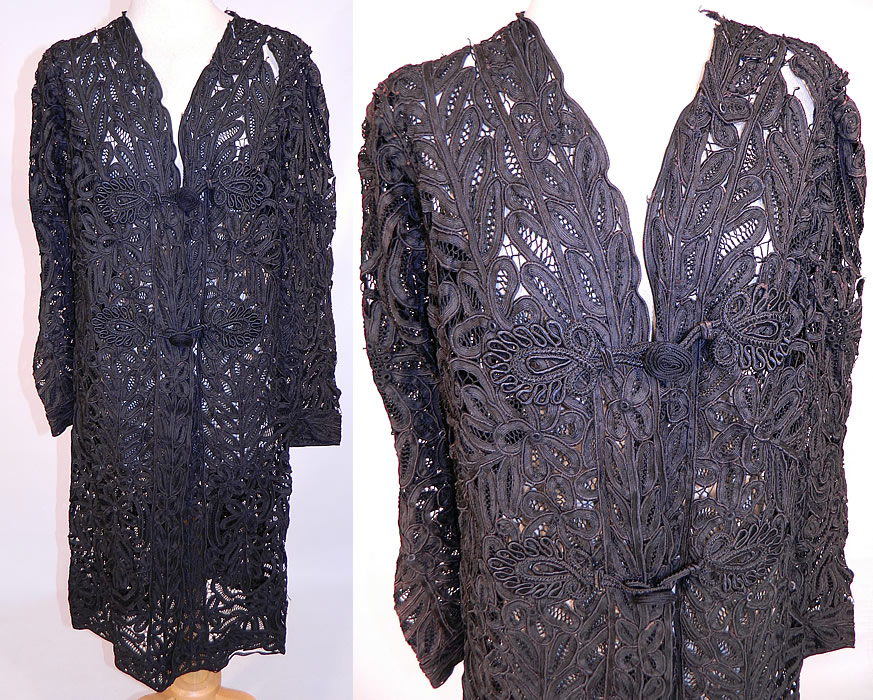Edwardian La Samaritaine Brussels Black Silk Battenburg Tape Lace Long Coat Jacket
This exquisite Edwardian era vintage La Samaritaine Brussels black silk Battenburg tape lace long coat jacket dates from 1910. It is made of a black silk Battenburg crochet lace created with tapes, connecting thread picot ornamented bars with decorative spiral, floral, leaf, scroll work designs.
