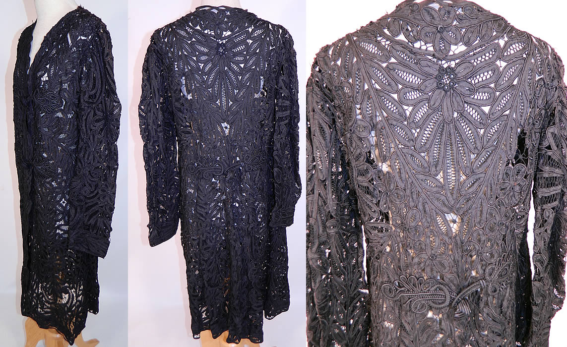 Edwardian La Samaritaine Brussels Black Silk Battenburg Tape Lace Long Coat Jacket
The coat measures 40 inches long, with 40 inch hips, a 32 inch waist, 34 inch bust and 14 inch back. 