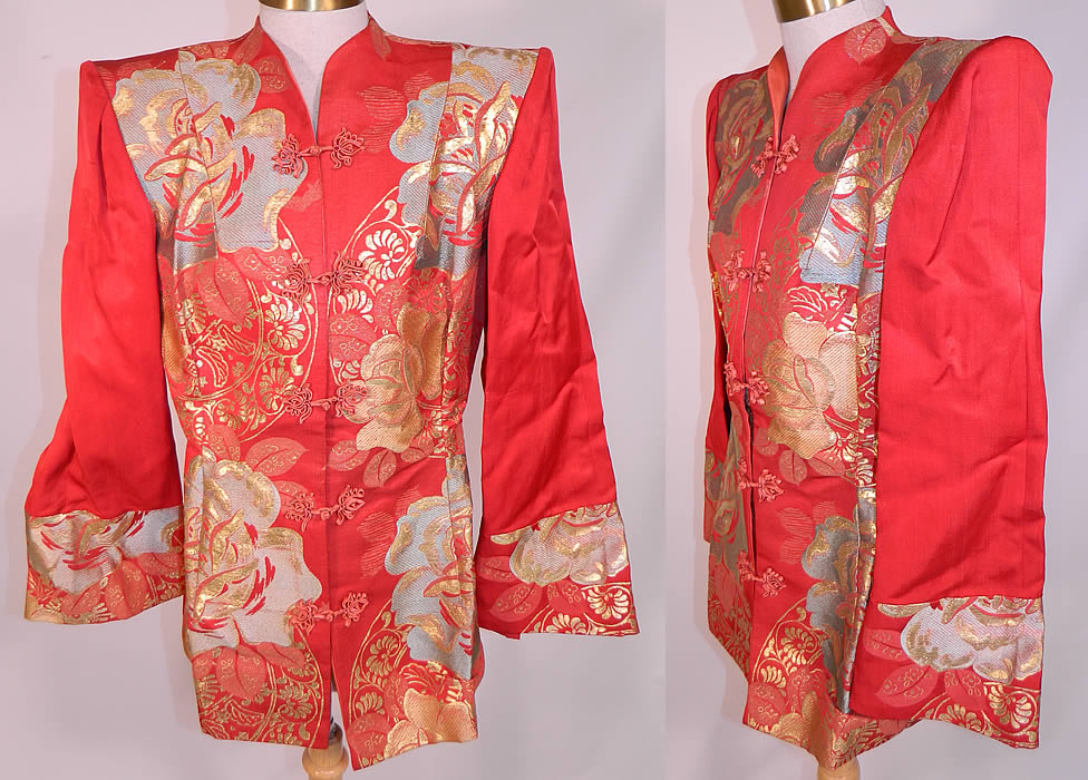 Vintage Japanese Kimono Obi Red Silk Gold Lame Broad Shoulder Jacket Lamé
This vintage Japanese kimono obi red silk gold lamé broad shoulder jacket dates from the 1940s. It is made of a red silk gold lamé brocade fabric, with a decorative floral woven damask design and is created from Japanese kimono obi fabric.