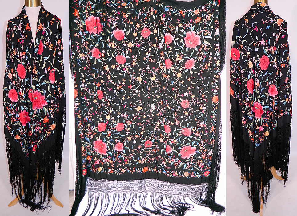 Vintage Antique Black Silk Pink Flower Vine Leaf Embroidered Canton Piano Shawl
This antique black silk pink flower vine leaf embroidered Canton piano shawl dates from the 1920s. It is made of a black silk fabric background with colorful silk raised padded satin stitch hand embroidery work.