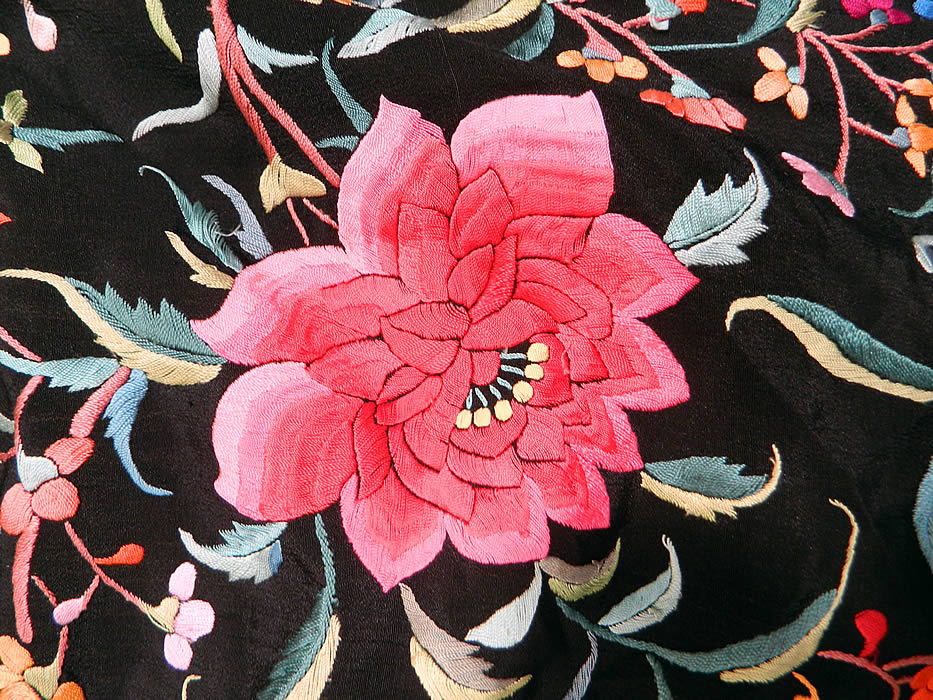 Vintage Antique Black Silk Pink Flower Vine Leaf Embroidered Canton Piano Shawl
There is a lush floral foliage vine leaf design completely covering it, with larger clusters of varying shades of pink embroidered flowers in each corner.