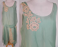 Vintage Mint Green Silk Chiffon Lace Applique Rhinestone Trim Drop Waist Dress
