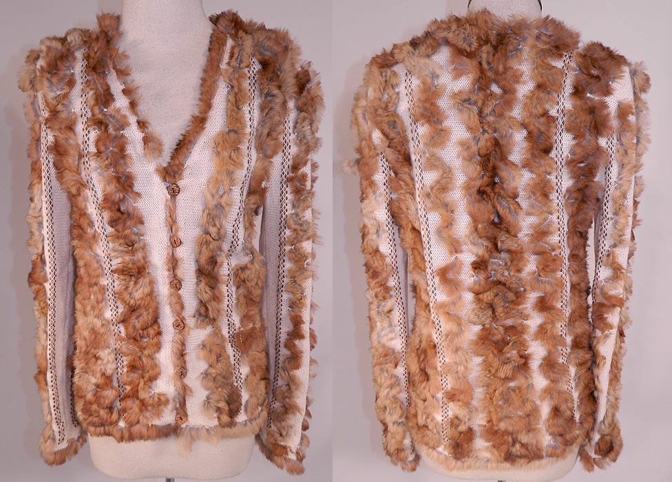 Vintage Christian Dior Boutique Paris Designer Fur Knit Cardigan Sweater Jacket
This vintage Christian Dior Boutique Paris designer fur knit cardigan sweater jacket dates from the 1990s. It is made of an off white cream color angora wool blend knit fabric, with decorative brown yarn and fur weave woven trim striped accents. 