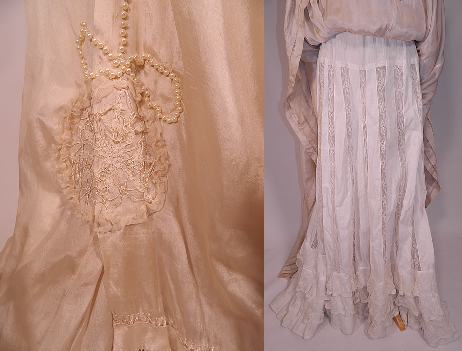 Edwardian Cream Silk Ruched Pearl Beaded Lace Trim Wedding Gown Train Skirt Dress
The dress measures 58 inches long in the front, 88 inches long in the back, with a 26 inch waist and 34 inch bust. 