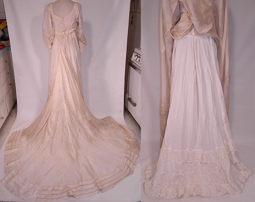 Edwardian Cream Silk Ruched Pearl Beaded Lace Trim Wedding Gown Train Skirt Dress
This would be great for display, design, study, pattern or restoration. This is truly a wonderful piece of wedding wearable art!