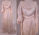 Edwardian Cream Silk Ruched Pearl Beaded Lace Trim Wedding Gown Train Skirt Dress

