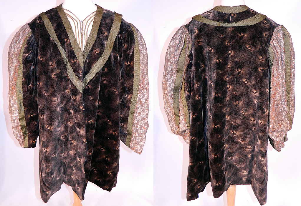 Edwardian Black Velvet Gold Print Peacock Hurricane Eye Cyclone Coat
This antique Edwardian era black velvet gold print peacock hurricane eye cyclone coat dates from 1910. It is made of a black velvet fabric, with a printed gold peacock hurricane eye of the storm cyclone swirling pattern unique design.